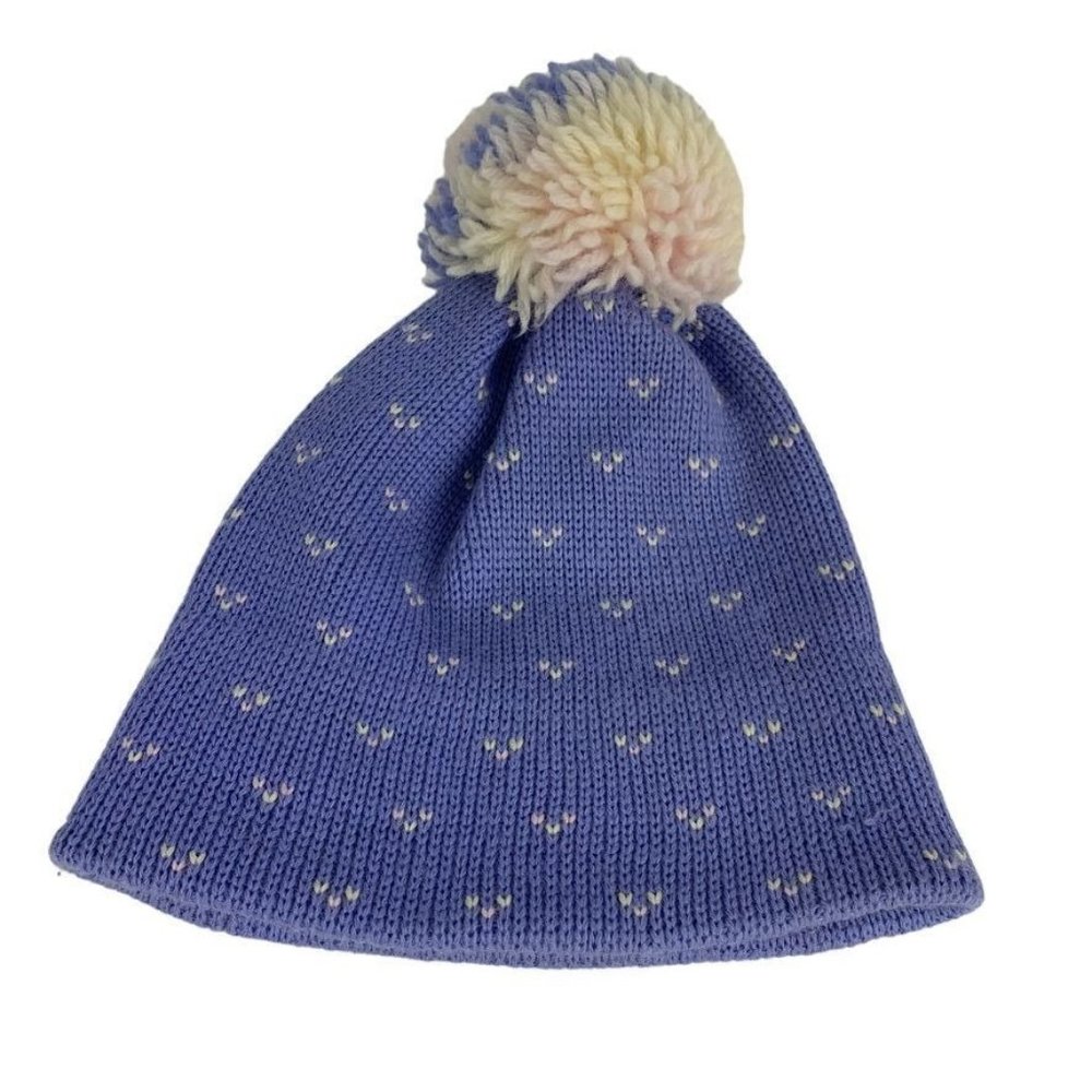Vintage Smiley Pom Pom Winter Hat Beanie Pure Wool Purple Knit Ski Cap Beanie